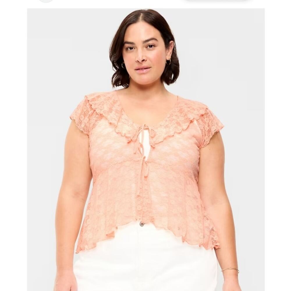 Old Navy 3X Ruffle Lace Tie Front Top Peach Gelato Flutter Dainty Coquette Sheer